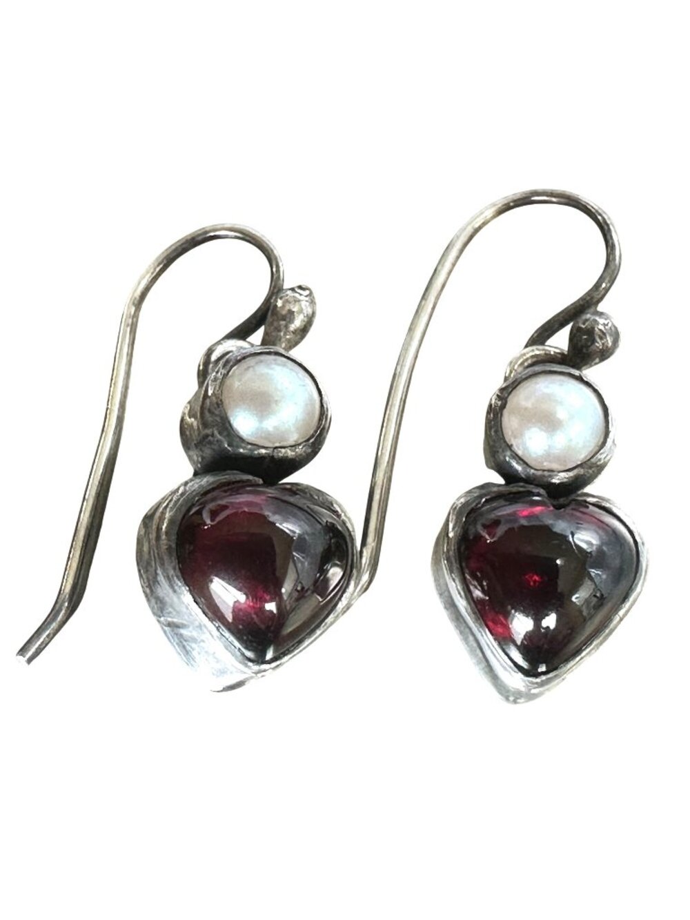 Heart Imitation Pearl & Red Glass Dangle Earrings Unmarked Silver